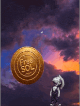 a gold coin that says free sol is floating in the air