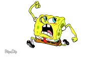 a cartoon drawing of spongebob squarepants with a fist in the air
