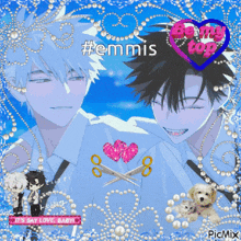a picture of two anime characters with scissors and a heart with the words #emmis