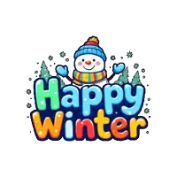 a happy winter sign with a snowman wearing a scarf