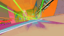 a cartoon character is flying through the air in front of a wall with neon lights .