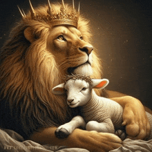 a lion with a crown on its head is holding a lamb