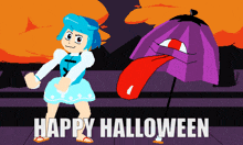 a pixel art drawing of a girl and an umbrella with the words happy halloween