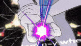 a drawing of a hand with a purple light coming out of it and the words " why where " on the bottom