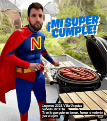 a man in a superhero costume is grilling sausages