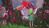 a man with a pumpkin head stands next to a woman with a green furry costume