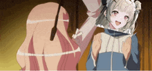 a girl in a maid outfit is standing next to a boy in a blue shirt .