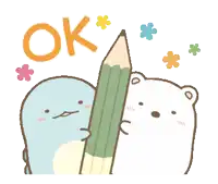 a cartoon drawing of a penguin and a polar bear holding a pencil with the word ok above it
