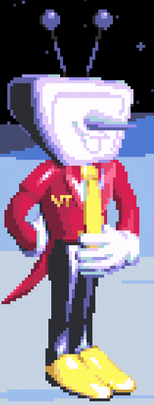 a pixel art drawing of a cartoon character wearing a red jacket and yellow shoes