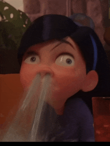 a cartoon girl with a blue headband is drinking from a glass