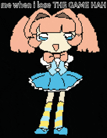 a pixel art drawing of a girl with the words me when i lose the game hah