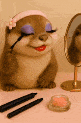 a cartoon otter is applying makeup in front of a small mirror