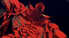 a cartoon of a man in a red suit is upside down and has the word apache on the bottom left