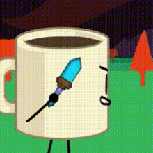 a coffee mug with a sword on it 's side