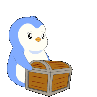 a blue and white penguin is sitting in a treasure chest thinking about houses and gold