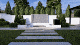 a rendering of a garden with a waterfall and trees
