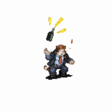 a pixel art of a man in a suit and tie holding a bottle