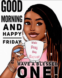 a woman is holding a cup of coffee that says wake pray slay repeat on it