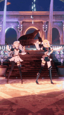 two anime girls are dancing in front of a grand piano