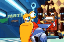 a cartoon character standing in front of a parts sign