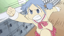 a cartoon girl with blue hair and a pink skirt is making a fist