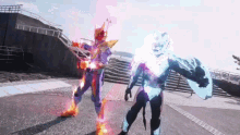 a man in a purple costume is standing next to another man in a blue costume
