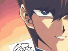 a close up of a cartoon character 's face with a drawing of a man behind it