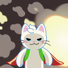 a cartoon drawing of a cat wearing a cape and a backpack
