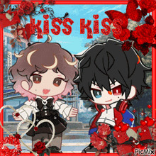 a picture of two anime characters with the words kiss kiss on the top