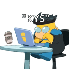 a cartoon character is sitting at a table with a laptop and a cup of coffee and says " kys " on the bottom