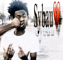 a man in a white shirt is being punched in the face by another man and the word sybau is on the bottom
