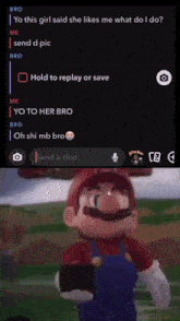 a screenshot of a video chat with mario and a girl asking him to send a picture