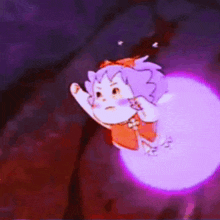 a cartoon character with purple hair is flying through the air .