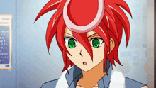 a cartoon character with red hair and green eyes is looking at something
