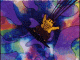 a cartoon character is flying through the air on a purple and blue background