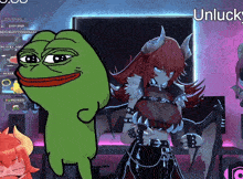 a cartoon of a girl with horns standing next to a green frog with a red mouth
