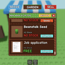 a screenshot of a game that says seeds garden and sell