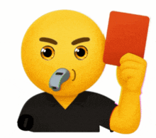 a yellow smiley face with a whistle in his mouth holds up a red card