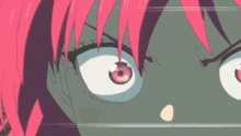 a close up of a cartoon character 's face with pink hair
