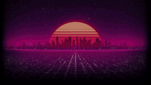 a sunset over a city with a purple background