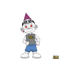 a cartoon of a monkey wearing a party hat and a shirt that says ' zhot '