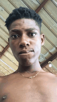 a shirtless young man with a gold chain around his neck