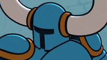a cartoon drawing of a knight with horns and a blue helmet