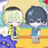a couple of cartoon characters standing next to each other with one holding a lollipop