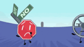 a stop sign is standing next to a wheel and a sign that says no
