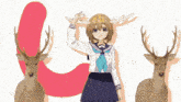 a girl in a school uniform with antlers is standing next to two deer