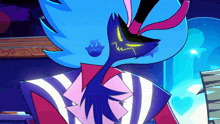 a cartoon character with blue hair and a striped shirt has a heart on his chest