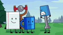 a group of cartoon characters are standing in a field including a cup and a slingshot