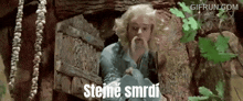 a man with a beard is sitting in a tree and says stejne smrti .