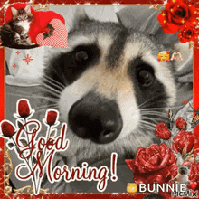 a picture of a raccoon with roses and the words good morning on it